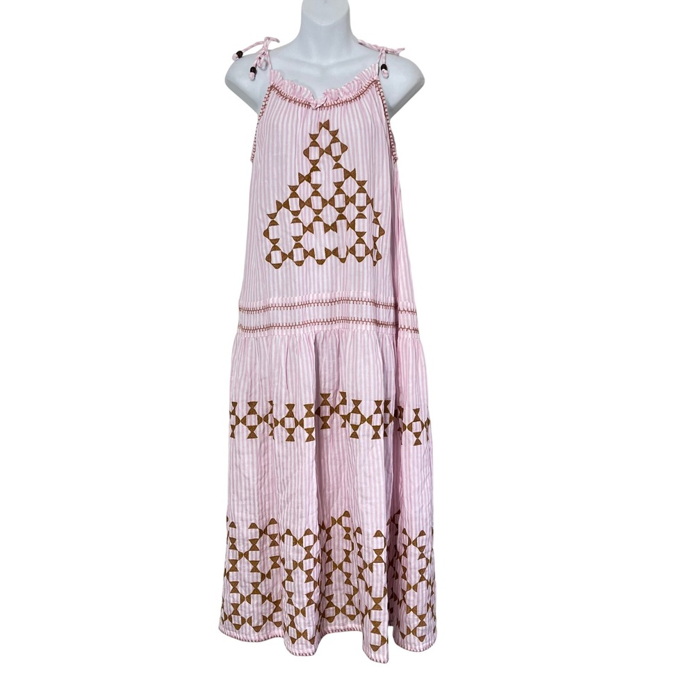 Uncle Frank Candy Stripe Dress Womens XS Pink Embroidered Tiered Midi 5649